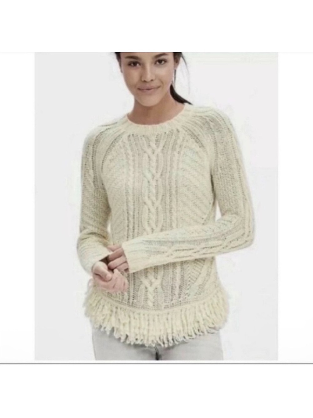 Banana Republic Alpaca & Wool Ivory Cable Knit Sweater Sz M Fringe Detail Cozy